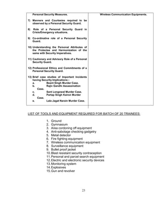 23
Personal Security Measures.
7) Manners and Courtesies required to be
observed by a Personal Security Guard.
8) Role of a Personal Security Guard in
Crisis/Emergency situations.
9) Co-ordinative role of a Personal Security
Guard.
10) Understanding the Personal Attributes of
the Protectee and Harmonization of the
same with Security Imperatives.
11) Cautionary and Advisory Role of a Personal
Security Guard.
12) Professional Ethics and Commitments of a
Personal Security Guard.
13) Brief case studies of Important Incidents
having Security Implications:-
a. Beant Singh Murder Case.
b. Rajiv Gandhi Assassination
Case.
c. Sant Longowal Murder Case.
d. Partap Singh Kairon Murder
Case.
e. Lala Jagat Narain Murder Case.
Wireless Communication Equipments.
LIST OF TOOLS AND EQUIPMENT REQUIRED FOR BATCH OF 20 TRAINEES:
1. Ground
2. Gymnasium
3. Area cordoning off equipment
4. Anti-sabotage checking gadgetry
5. Metal detector
6. Fire fighting equipment
7. Wireless communication equipment
8. Surveillance equipment
9. Bullet proof jacket
10.Blast resistant security contraception
11.Personal and parcel search equipment
12.Electric and electronic security devices
13.Monitoring system
14.Explosives
15.Gun and revolver
 