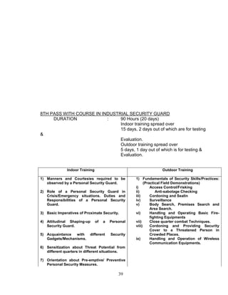 39
8TH PASS WITH COURSE IN INDUSTRIAL SECURITY GUARD
DURATION : 90 Hours (20 days)
Indoor training spread over
15 days, 2 days out of which are for testing
&
Evaluation.
Outdoor training spread over
5 days, 1 day out of which is for testing &
Evaluation.
Indoor Training Outdoor Training
1) Manners and Courtesies required to be
observed by a Personal Security Guard.
2) Role of a Personal Security Guard in
Crisis/Emergency situations. Duties and
Responsibilities of a Personal Security
Guard.
3) Basic Imperatives of Proximate Security.
4) Attitudinal Shaping-up of a Personal
Security Guard.
5) Acquaintance with different Security
Gadgets/Mechanisms.
6) Sensitization about Threat Potential from
different quarters in different situations.
7) Orientation about Pre-emptive/ Preventive
Personal Security Measures.
1) Fundamentals of Security Skills/Practices:
(Practical Field Demonstrations)
i) Access Control/Frisking
ii) Anti-sabotage Checking
iii) Cordoning and Sealin
iv) Surveillance
v) Body Search, Premises Search and
Area Search.
vi) Handling and Operating Basic Fire-
fighting Equipments
vii) Close quarter combat Techniques.
viii) Cordoning and Providing Security
Cover to a Threatened Person in
Crowded Places.
ix) Handling and Operation of Wireless
Communication Equipments.
 