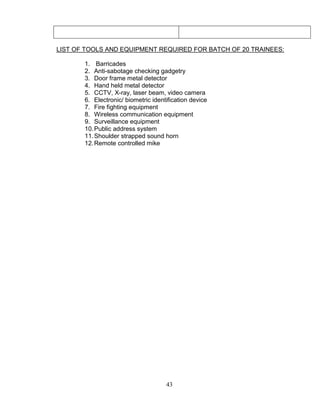 43
LIST OF TOOLS AND EQUIPMENT REQUIRED FOR BATCH OF 20 TRAINEES:
1. Barricades
2. Anti-sabotage checking gadgetry
3. Door frame metal detector
4. Hand held metal detector
5. CCTV, X-ray, laser beam, video camera
6. Electronic/ biometric identification device
7. Fire fighting equipment
8. Wireless communication equipment
9. Surveillance equipment
10.Public address system
11.Shoulder strapped sound horn
12.Remote controlled mike
 
