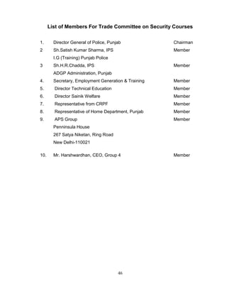46
List of Members For Trade Committee on Security Courses
1. Director General of Police, Punjab Chairman
2 Sh.Satish Kumar Sharma, IPS Member
I.G (Training) Punjab Police
3 Sh.H.R.Chadda, IPS Member
ADGP Administration, Punjab
4. Secretary, Employment Generation & Training Member
5. Director Technical Education Member
6. Director Sainik Welfare Member
7. Representative from CRPF Member
8. Representative of Home Department, Punjab Member
9. APS Group Member
Penninsula House
267 Satya Niketan, Ring Road
New Delhi-110021
10. Mr. Harshwardhan, CEO, Group 4 Member
 