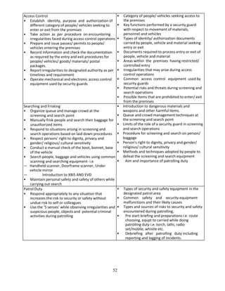 52
Access Control
• Establish identity, purpose and authorization of
different category of people/ vehicles seeking to
enter or exit from the premises
• Take action as per procedure on encountering
irregularities faced during access control operations
• Prepare and issue passes/ permits to people/
vehicles entering the premises
• Record information and check the documentation
as required by the entry and exit procedures for
people/ vehicles/ goods/ materials/ postal
packages.
• Report irregularities to designated authority as per
timelines and requirement
• Operate mechanical and electronic access control
equipment used by security guards
• Category of people/ vehicles seeking access to
the premises
• Key functions performed by a security guard
with respect to movement of materials,
personnel and vehicles
• Types of identity/ authorization documents
carried by people, vehicle and material seeking
entry or exit
• Documents required to process entry or exit of
people, vehicle and material
• Areas within the premises having restricted/
controlled entry
• Irregularities that may arise during access
control operations
• Common access control equipment used by
security guards
• Potential risks and threats during screening and
search operations
• Possible Items that are prohibited to enter/ exit
from the premises
Searching and Frisking
• Organize queue and manage crowd at the
screening and search point
• Manually frisk people and search their baggage for
unauthorized items
• Respond to situations arising in screening and
search operations based on laid down procedures
• Respect persons' right to dignity, privacy and
gender/ religious/ cultural sensitivity
• Conduct a manual check of the boot, bonnet, base
of the vehicle
• Search people, baggage and vehicles using common
scanning and searching equipment- i.e
— Handheld scanner, Doorframe scanner, Under
vehicle mirror
— Introduction to XBIS AND EVD
• Maintain personal safety and safety of others while
carrying out search
• Introduction to dangerous materials and
weapons and other harmful items.
• Queue and crowd management techniques at
the screening and search point
• Limits of the role of a security guard in screening
and search operations
• Procedure for screening and search on person/
baggage
• Person's right to dignity, privacy and gender/
religious/ cultural sensitivity
• Methods and techniques adopted by people to
defeat the screening and search equipment
• Aim and importance of patrolling duty
Patrol Duty
• Respond appropriately to any situation that
increases the risk to security or safety without
undue risk to self or colleagues
• Use the '5 senses' while observing irregularities and
suspicious people, objects and potential criminal
activities during patrolling
• Types of security and safety equipment in the
designated patrol area
• Common safety and security equipment
malfunctions and their likely causes
• Types and sources of risks to security and safety
encountered during patrolling,
• Pre start briefing and preparations i.e. route
choosing, equpt to carried while doing
patrolling duty i.e. torch, lathi, radio
set/mobile, whistle etc.
• Debriefing after patrolling duty including
reporting and logging of incidents.
 