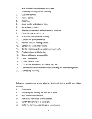8
1. Role and responsibility of security officer.
2. Knowledge of law (civil and criminal).
3. Customer service.
4. Access control.
5. Reporting.
6. Avoid conflict and reducing risks.
7. Managing aggression.
8. Safety consciousness and safe working practices.
9. Care of equipment and tools.
10. Punctuality, discipline and honesty.
11. Concern for quality of service.
12. Respect for rules and regulations.
13. Concern for health and hygiene.
14. Cordial relationship, Cooperation and team work.
15. Positive attitude and behavior.
16. Responsibility and accountability.
17. Learn continuously.
18. Communication skills.
19. Concern for environment and waste disposal.
20. Coordination with local administration including law and order agencies.
21. Multitasking capability.
Following competencies should also be developed during level-II and higher
courses:
i. Pre-emptive.
ii. Motivating and deriving the best out of team.
iii. Post incident consideration.
iv. Verbal and non verbal communication.
v. Identify different types of behaviors.
vi. Ability for planning, organizing and coordinating.
 