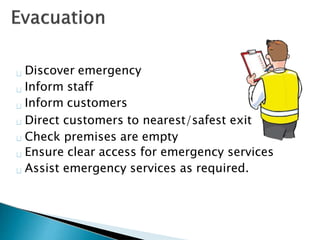 Discover emergency
Inform staff
Inform customers
Direct customers to nearest/safest exit
Check premises are empty
Ensure clear access for emergency services
Assist emergency services as required.
 
