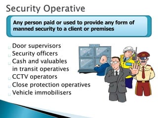 Any person paid or used to provide any form of
manned security to a client or premises
Door supervisors
Security officers
Cash and valuables
in transit operatives
CCTV operators
Close protection operatives
Vehicle immobilisers
 