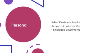 Personal
Selección de empleados
Acceso a la información
• Empleado descontento
 