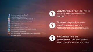 Задумайтесь о том, что нужно
вашему бизнесу сегодня и
завтра
Разработайте план
уменьшения разрыва между
тем, что есть, и тем, что надо
Оценить текущий уровень
своей защищенности и
готовности поддерживать его
© 2015 Cisco and/or its affiliates. All rights reserved. Cisco Confidential 19
http://www.facebook.com/CiscoRu
http://twitter.com/CiscoRussia
http://www.youtube.com/CiscoRussiaMedia
http://www.flickr.com/photos/CiscoRussia
http://vkontakte.ru/Cisco
http://blogs.cisco.ru/
http://habrahabr.ru/company/cisco
http://linkedin.com/groups/Cisco-Russia-3798428
http://slideshare.net/CiscoRu
https://plus.google.com/106603907471961036146/posts
http://www.cisco.ru/
 