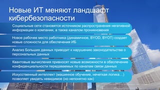 Новые ИТ меняют ландшафт
кибербезопасности
Новое рабочее место работника (динамичное, BYOD, BYOT) создает
новые сложности для обеспечения ИБ
Анализ Больших данных приводит к нарушению законодательства о
персональных данных
Социальные сети становятся источником распространения негативной
информации о компании, а также каналом проникновения
Квантовые вычисления привносят новые возможности в обеспечение
конфиденциальности передаваемых по каналам связи данных
Искусственный интеллект (машинное обучение, нечеткая логика…)
позволяет увидеть невидимое (но непонятно как)
 