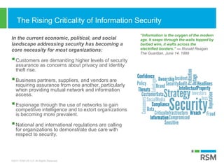 ©2017 RSM US LLP. All Rights Reserved.
The Rising Criticality of Information Security
In the current economic, political, and social
landscape addressing security has becoming a
core necessity for most organizations:
Customers are demanding higher levels of security
assurance as concerns about privacy and identity
theft rise.
Business partners, suppliers, and vendors are
requiring assurance from one another, particularly
when providing mutual network and information
access.
Espionage through the use of networks to gain
competitive intelligence and to extort organizations
is becoming more prevalent.
National and international regulations are calling
for organizations to demonstrate due care with
respect to security.
3
“Information is the oxygen of the modern
age. It seeps through the walls topped by
barbed wire, it wafts across the
electrified borders.” — Ronald Reagan
The Guardian, June 14, 1989
 
