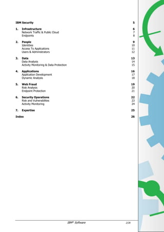 IBM®
Software 2/26
IBM Security 5
1. Infrastructure 6
Network Traffic & Public Cloud 7
Endpoints 8
2. People 9
Identities 10
Access To Applications 11
Users & Administrators 12
3. Data 13
Data Analysis 14
Activity Monitoring & Data Protection 15
4. Applications 16
Application Development 17
Mobile Apps Protection 18
5. Web Fraud 19
Risk Analysis 20
Endpoint Protection 21
6. Security Operations 22
Activity Monitoring & Incident Management 23
Risk and Vulnerabilites 24
7. Expertise 25
Index 26
 
