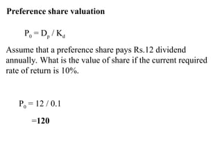 Preference share valuation
P0 = Dp / Kd
Assume that a preference share pays Rs.12 dividend
annually. What is the value of share if the current required
rate of return is 10%.
P0 = 12 / 0.1
=120
 