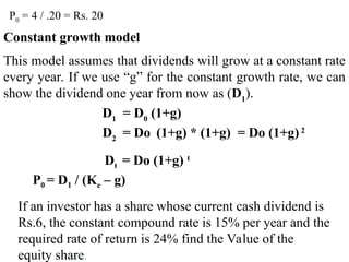 P0 = 4 / .20 = Rs. 20
Constant growth model
This model assumes that dividends will grow at a constant rate
every year. If we use “g” for the constant growth rate, we can
show the dividend one year from now as (D1
).
D1
= D0
(1+g)
D2
= Do (1+g) * (1+g) = Do (1+g)2
Dt = Do (1+g) t
P0 = D1 / (Ke – g)
If an investor has a share whose current cash dividend is
Rs.6, the constant compound rate is 15% per year and the
required rate of return is 24% find the Value of the
equity share.
 