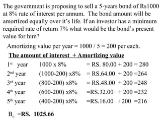 The government is proposing to sell a 5-years bond of Rs1000
at 8% rate of interest per annum. The bond amount will be
amortized equally over it’s life. If an investor has a minimum
required rate of return 7% what would be the bond’s present
value for him?
Amortizing value per year = 1000 / 5 = 200 per each.
The amount of interest + Amortizing value
1st
year 1000 x 8% = RS. 80.00 + 200 = 280
2nd
year (1000-200) x8% = RS.64.00 + 200 =264
3rd
year (800-200) x8% = RS.48.00 + 200 =248
4th
year (600-200) x8% =RS.32.00 + 200 =232
5th
year (400-200) x8% =RS.16.00 +200 =216
Bo =RS. 1025.66
 