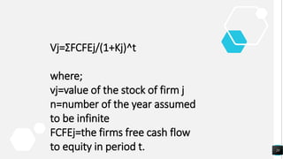 20
Vj=ƩFCFEj/(1+Kj)^t
where;
vj=value of the stock of firm j
n=number of the year assumed
to be infinite
FCFEj=the firms free cash flow
to equity in period t.
 
