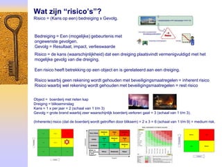 Wat zijn “risico’s”?
Risico = (Kans op een) bedreiging x Gevolg.



Bedreiging = Een (mogelijke) gebeurtenis met
ongewenste gevolgen.
Gevolg = Resultaat, impact, verlieswaarde
Risico = de kans (waarschijnlijkheid) dat een dreiging plaatsvindt vermenigvuldigd met het
mogelijke gevolg van die dreiging.

Een risico heeft betrekking op een object en is gerelateerd aan een dreiging.

Risico waarbij geen rekening wordt gehouden met beveiligingsmaatregelen = inherent risico
Risico waarbij wel rekening wordt gehouden met beveiligingsmaatregelen = rest risico


Object = boerderij met rieten kap
Dreiging = blikseminslag
Kans = 1 x per jaar = 2 (schaal van 1 t/m 3)
Gevolg = grote brand waarbij zeer waarschijnlijk boerderij verloren gaat = 3 (schaal van 1 t/m 3).

(Inherente) risico (dat de boerderij wordt getroffen door bliksem) = 2 x 3 = 6 (schaal van 1 t/m 9) = medium risk.
 