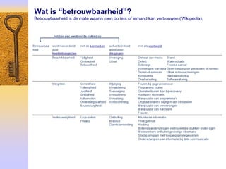 Wat is “betrouwbaarheid”?
Betrouwbaarheid is de mate waarin men op iets of iemand kan vertrouwen (Wikipedia).
 