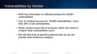 Cisco and/or its affiliates. All rights reserved.T-SEC-18-B Cisco Public
Vulnerabilities by Vendor
 NVD has information on affected product for 58,561
vulnerabilities
 Top 10 vendors account for 16,696 vulnerabilities, more
than 28% of all vulnerabilities.
 Some vendors have lots of products, which can result in
a higher total vulnerabilities count
 We will also look at specific products later so we can
provide more extensive analysis
 