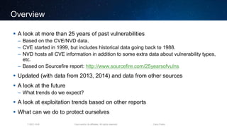 Cisco and/or its affiliates. All rights reserved.T-SEC-18-B Cisco Public
Overview
 A look at more than 25 years of past vulnerabilities
– Based on the CVE/NVD data.
– CVE started in 1999, but includes historical data going back to 1988.
– NVD hosts all CVE information in addition to some extra data about vulnerability types,
etc.
– Based on Sourcefire report: http://www.sourcefire.com/25yearsofvulns
 Updated (with data from 2013, 2014) and data from other sources
 A look at the future
– What trends do we expect?
 A look at exploitation trends based on other reports
 What can we do to protect ourselves
 