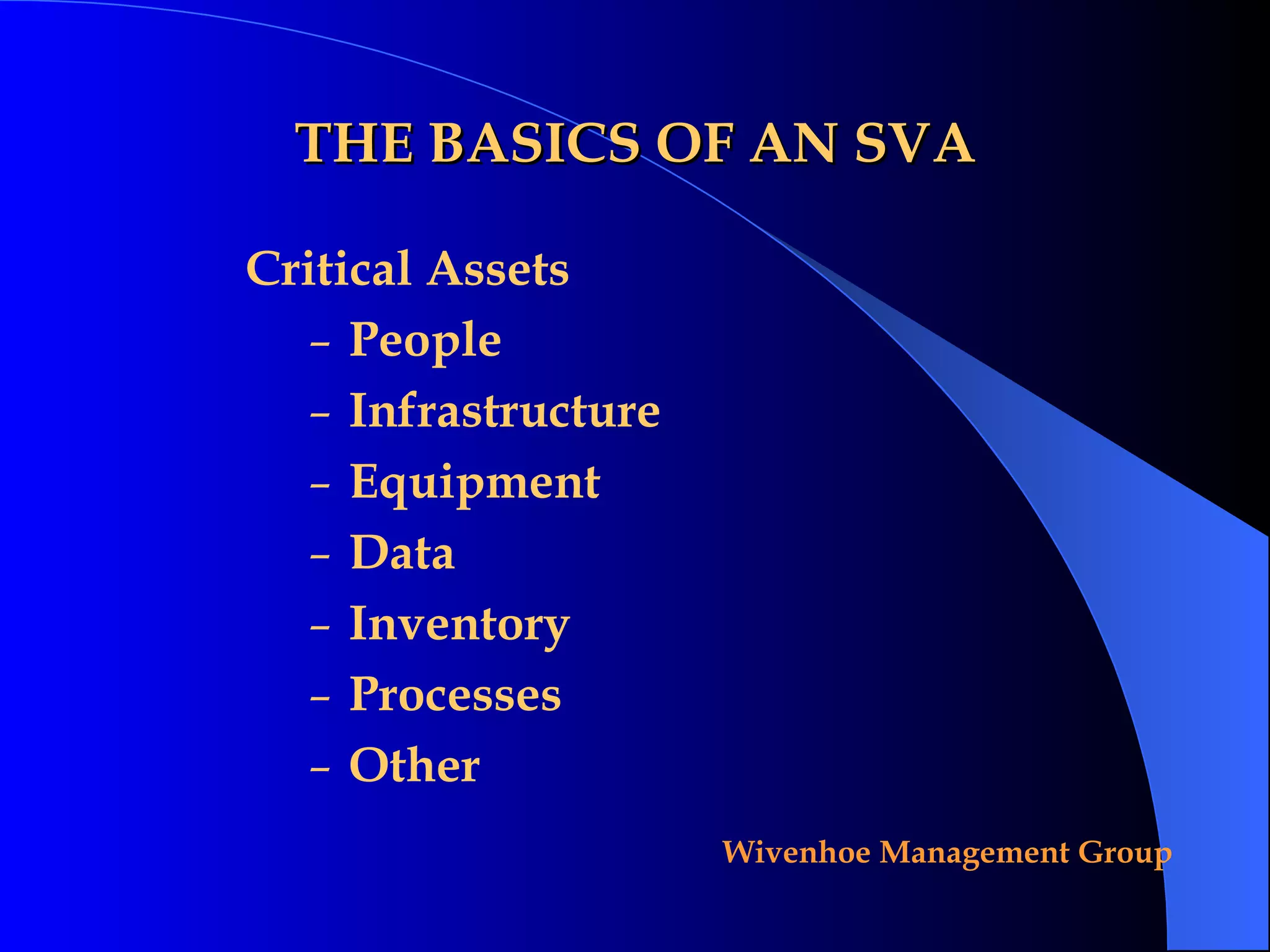 THE BASICS OF AN SVA Critical Assets People Infrastructure Equipment Data Inventory Processes Other 