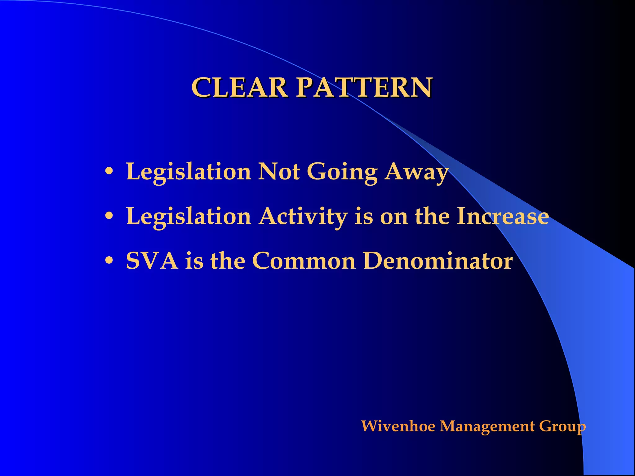 CLEAR PATTERN Legislation Not Going Away Legislation Activity is on the Increase SVA is the Common Denominator 