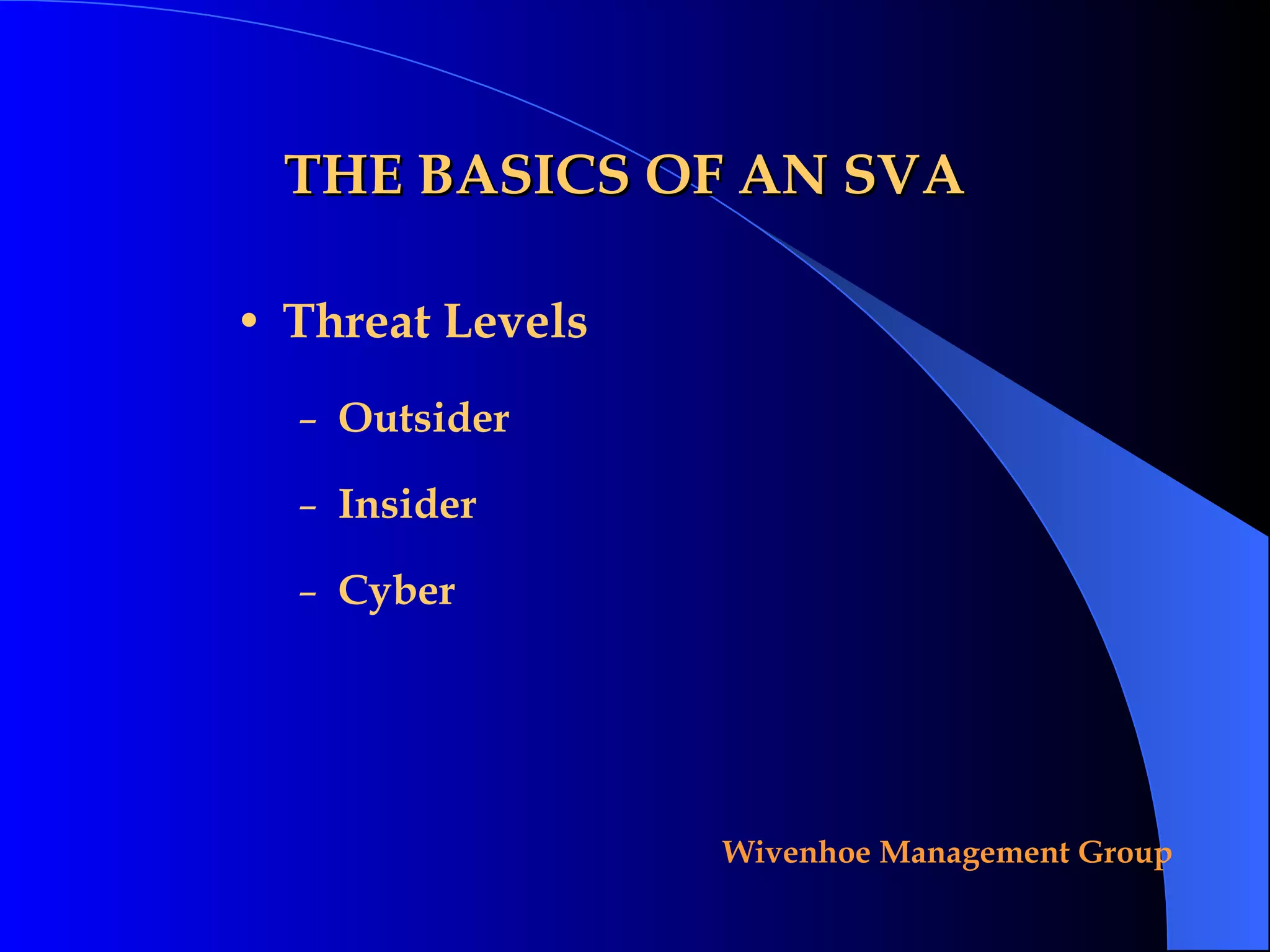 THE BASICS OF AN SVA Threat Levels Outsider Insider Cyber 
