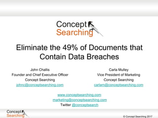 © Concept Searching 2017
Eliminate the 49% of Documents that
Contain Data Breaches
Carla Mulley
Vice President of Marketing
Concept Searching
carlam@conceptsearching.com
www.conceptsearching.com
marketing@conceptsearching.com
Twitter @conceptsearch
John Challis
Founder and Chief Executive Officer
Concept Searching
johnc@conceptsearching.com
 