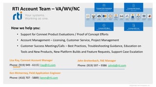 RTI Account Team – VA/WV/NC
Ken McInerney, Field Application Engineer
Phone: (410) 707 - 5889| kenm@rti.com
How we help you:
• Support for Connext Product Evaluations / Proof of Concept Efforts
• Account Management – Licensing, Customer Service, Project Management
• Customer Success Meetings/Calls – Best Practices, Troubleshooting Guidance, Education on
Tools and New Products, New Platform Builds and Feature Requests, Support Case Escalation
Lisa Ray, Connext Account Manager
Phone: (919) 949 - 6115| lray@rti.com
John Breitenbach, FAE Manager
Phone: (919) 597 – 9386 johnb@rti.com
©2020 Real-TimeInnovations,Inc.
 