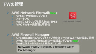 57
57
FWの管理
 AWS Network Firewall(New)
 VPCのFWを簡単にデプロイ
 ステートフル
 Webフィルタリングと侵入防止(IPS)
 VPC FWを一元管理と可視性
 AWS Firewall ...