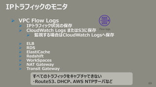 69
69
IPトラフィックのモニタ
 VPC Flow Logs
 IPトラフィック状況の保存
 CloudWatch Logs またはS3に保存
 監視する場合はCloudWatch Logsへ保存
 ELB
 RDS
 El...