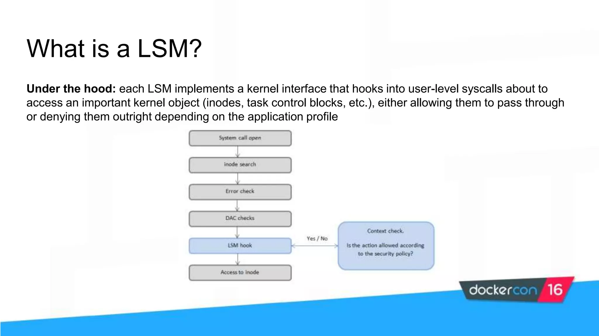 What is a LSM? Under the hood: each LSM implements a kernel interface that hooks into user-level syscalls about to access an important kernel object (inodes, task control blocks, etc.), either allowing them to pass through or denying them outright depending on the application profile 