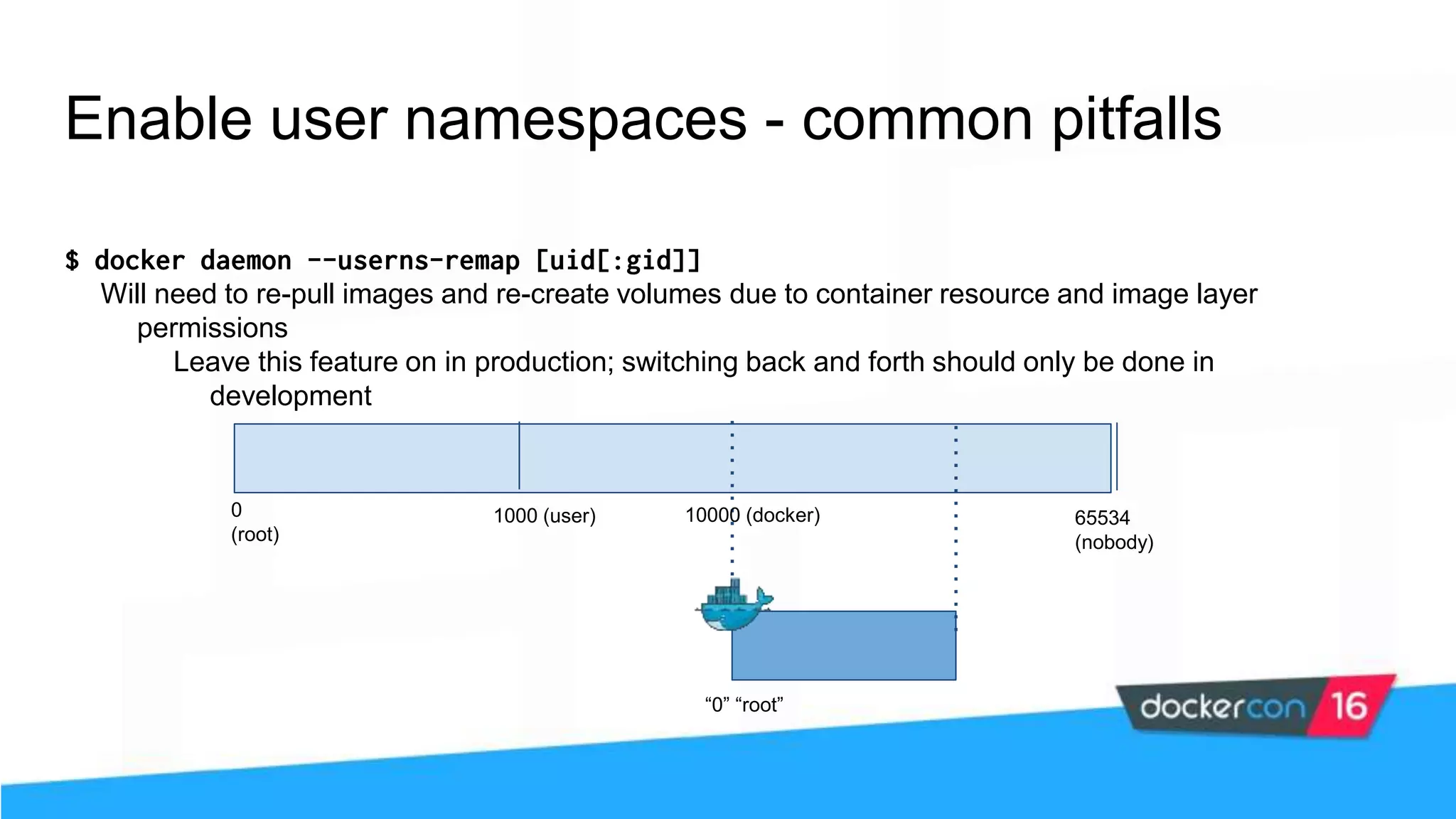$ docker daemon --userns-remap [uid[:gid]] Will need to re-pull images and re-create volumes due to container resource and image layer permissions Leave this feature on in production; switching back and forth should only be done in development Enable user namespaces - common pitfalls 0 (root) 1000 (user) 65534 (nobody) 10000 (docker) “0” “root” 