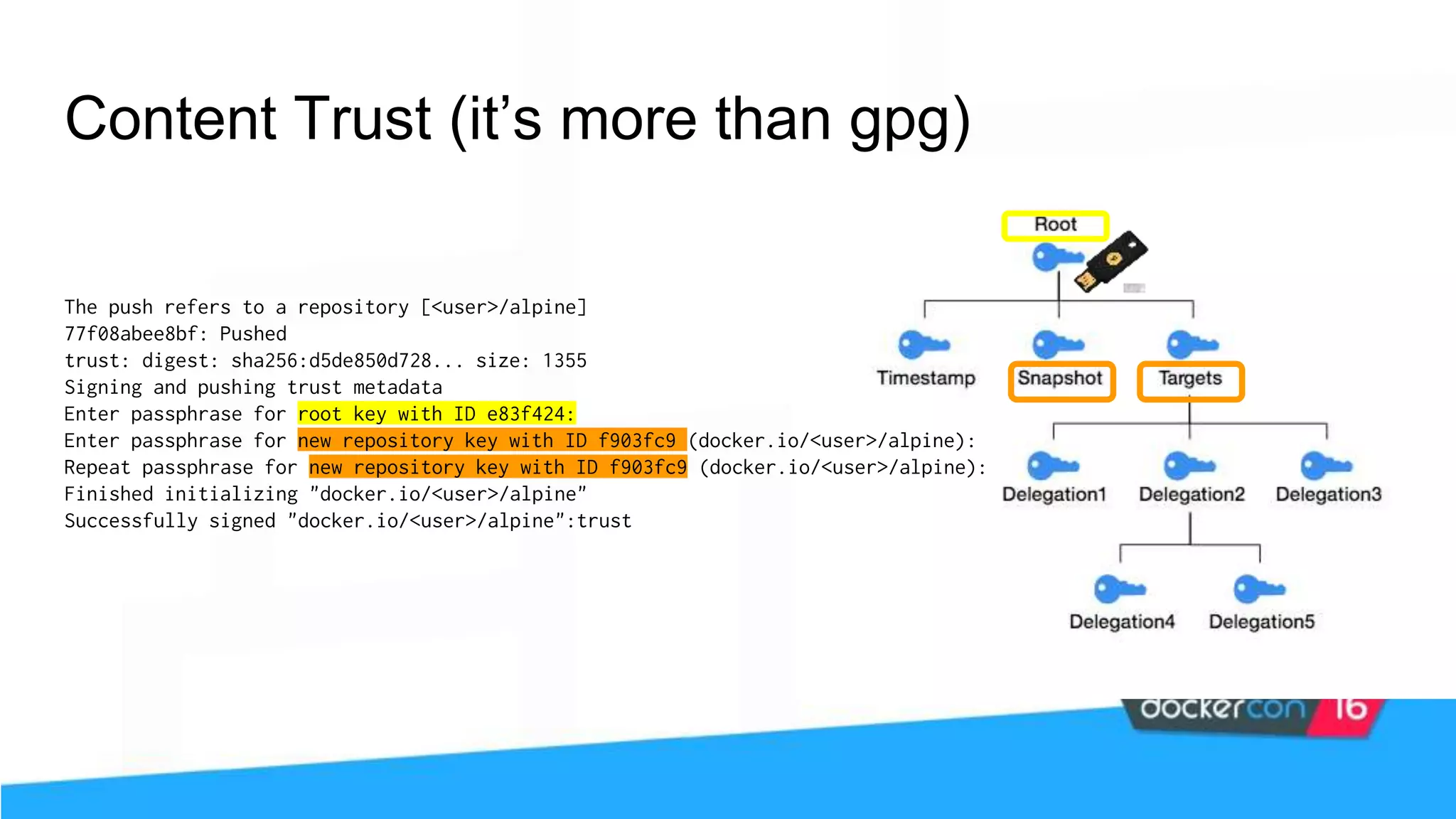 Content Trust (it’s more than gpg) The push refers to a repository [<user>/alpine] 77f08abee8bf: Pushed trust: digest: sha256:d5de850d728... size: 1355 Signing and pushing trust metadata Enter passphrase for root key with ID e83f424: Enter passphrase for new repository key with ID f903fc9 (docker.io/<user>/alpine): Repeat passphrase for new repository key with ID f903fc9 (docker.io/<user>/alpine): Finished initializing "docker.io/<user>/alpine" Successfully signed "docker.io/<user>/alpine":trust 