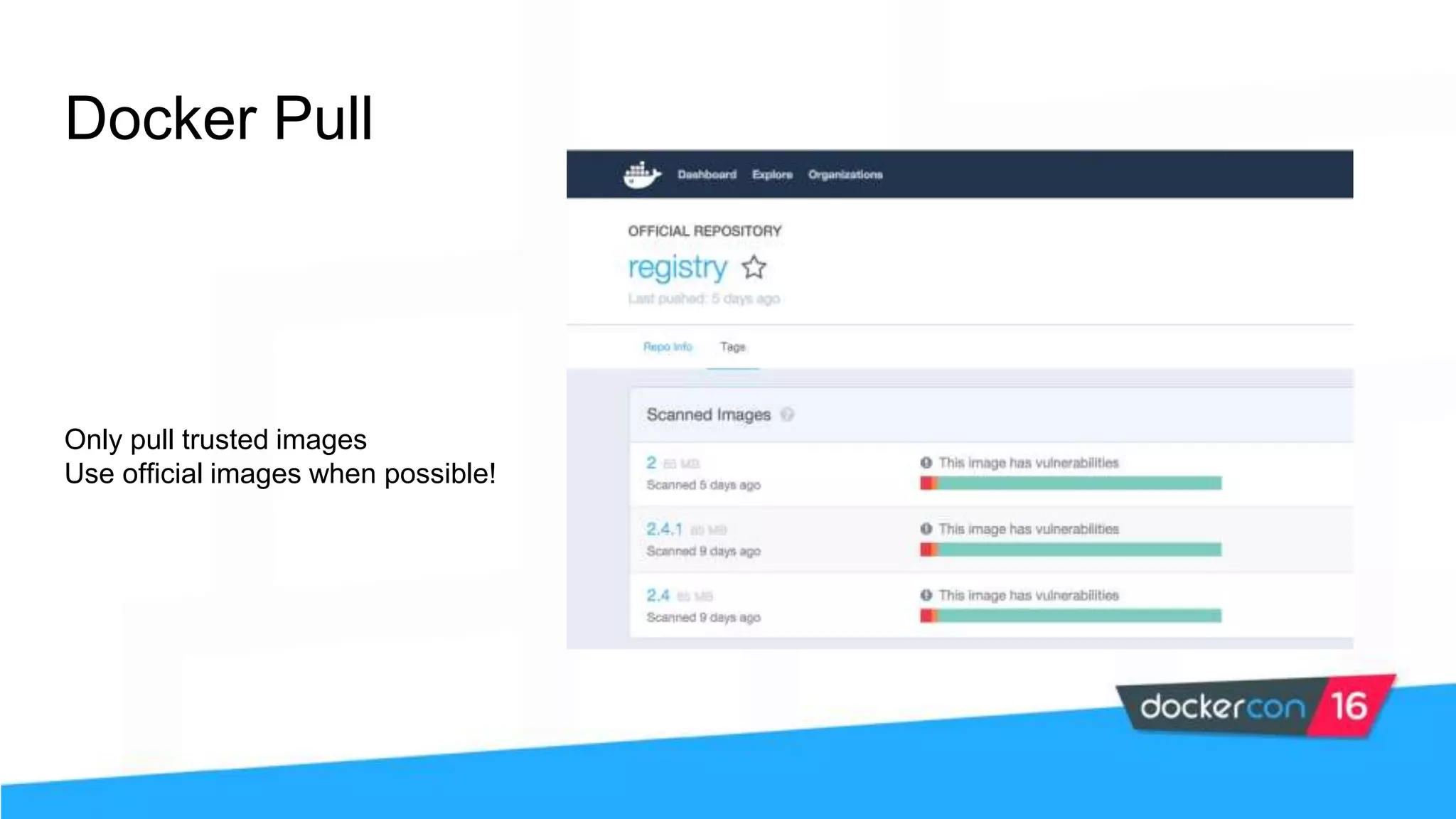 Docker Pull Only pull trusted images Use official images when possible! 