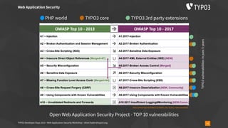 TYPO3 Developer Days 2019 - Web Application Security Workshop - oliver.hader@typo3.org 11
Web Application Security
Open Web Application Security Project - TOP 10 vulnerabilities
https://www.owasp.org/images/7/72/OWASP_Top_10-2017_%28en%29.pdf.pdf
TYPO3 core TYPO3 3rd party extensionsPHP world
TYPO3vulnerabilitiesinpast5years
 