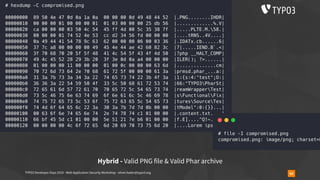 TYPO3 Developer Days 2019 - Web Application Security Workshop - oliver.hader@typo3.org 63
Hybrid - Valid PNG file & Valid Phar archive
 