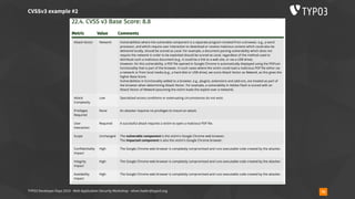 TYPO3 Developer Days 2019 - Web Application Security Workshop - oliver.hader@typo3.org 79
CVSSv3 example #2
https://nvd.nist.gov/vuln-metrics/cvss/v3-calculator
 