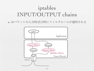iptables	

INPUT/OUTPUT chains	

n  IPパケットの入力時/出力時にフィルタルールが適用される	

21	

Linux Kernel	

NW IF	

input	

input ﬁlter	

Application	

app1	

output ﬁlter	

output	

iptables chains	

 