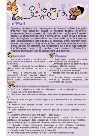:) :O                    @

    e-Mail
    Serviço de troca de mensagens e "cartas" oferecido pela
    Internet que permite enviar e receber textos, imagens,
    apresentações e quase todo tipo de informação em formato
    digital. A comunicação não é simultânea, você envia e recebe
    as mensagens por meio de uma caixa postal que fica em um
    dos computadores interligados à Internet. Para conferir suas
    novas mensagens, é preciso entrar periodicamente em sua
    caixa postal na Internet. Os endereços de e-mail são sempre
    identificados  com     @    entre  os   nomes.    Exemplos:
    voce@safernet.com.br (acentos não são aceitos)

     Aproveite!                                   Cuidado!
  • Muitos são gratuitos e permitem que       • Pode haver muitas informações
todos tenham sua própria "caixa postal"    falsas e golpes nas mensagens;
na Internet;                                • Criminosos podem se aproximar para
  • Facilita a troca de textos, fotos e    prejudicar, difamar e roubar;
vídeos entre as pessoas de todo o            • Crianças podem receber conteúdos
mundo;                                     impróprios e até serem aliciadas;
   • Agiliza a comunicação, pois as          • Método mais utiliz ado para espalhar
mensagens     levam     apenas    alguns   vírus;
instantes para chegar ao destino com          • Atenção àquelas propostas boas
pouco custo, independentemente da          demais ou produtos milagrosos, pois
distância.                                 geralmente são fraudes.

        Dicas para manter-se seguro
  • Você pode configurar sua conta par a bloquear contatos indes ejados;
  • Troque sua senha periodicamente;
  • Não aceite nem abra e-mail de desconhec idos! Simples mente apague sem
ler;
  • Procure saber a origem da informação e se o responsável é de confiança ou
conhecido;
   • Atenção com cartões virtuais. Não abra quando o nome do arquivo
tiver .exe no final.
   • Evite mostrar seu endereço, número pessoal e outros detalhes. Seja
genérico;
  • Atualizar o anti-vírus e usar anti-spam pode ajudar;
   • Jamais acredite em pedidos de paga mento, correção de senhas ou
solicitação de qualquer dado pessoal por e-mail. Comunique-s e por telefone
com a instituição que supostament e enviou o e-mail e confira o assunto;
   • Quando receber mensagens agressivas e com conteúdo impróprio,
denuncie em www.denuncie.org.b r e/ou chame um adult o de confiança;
  • Para denunciar Spam vá ao www.anti spam.br/;
  • Veja mais dicas e tire dúvidas no www .safernet.org.br/prev encao
 