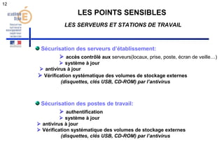 12 
LES POINTS SENSIBLES 
LES SERVEURS ET STATIONS DE TRAVAIL 
Sécurisation des serveurs d’établissement: 
 accès contrôlé aux serveurs(locaux, prise, poste, écran de veille…) 
 système à jour 
 antivirus à jour 
 Vérification systématique des volumes de stockage externes 
(disquettes, clés USB, CD-ROM) par l’antivirus 
Sécurisation des postes de travail: 
 authentification 
 système à jour 
 antivirus à jour 
 Vérification systématique des volumes de stockage externes 
(disquettes, clés USB, CD-ROM) par l’antivirus 
 