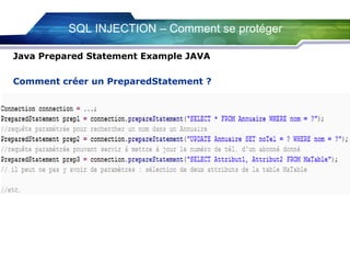 SQL INJECTION – Comment se protéger
Java Prepared Statement Example JAVA
Comment créer un PreparedStatement ?

 