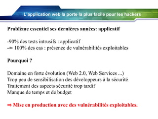 L’application web la porte la plus facile pour les hackers

Problème essentiel ses dernières années: applicatif
-90% des tests intrusifs : applicatif
-≃ 100% des cas : présence de vulnérabilités exploitables
Pourquoi ?
Domaine en forte évolution (Web 2.0, Web Services ...)
Trop peu de sensibilisation des développeurs à la sécurité
Traitement des aspects sécurité trop tardif
Manque de temps et de budget
⇒ Mise en production avec des vulnérabilités exploitables.

 