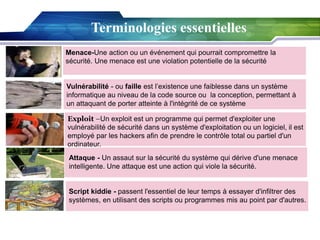 Terminologies essentielles
Menace-Une action ou un événement qui pourrait compromettre la
sécurité. Une menace est une violation potentielle de la sécurité
Vulnérabilité - ou faille est l’existence une faiblesse dans un système
informatique au niveau de la code source ou la conception, permettant à
un attaquant de porter atteinte à l'intégrité de ce système
Exploit –Un exploit est un programme qui permet d'exploiter une
vulnérabilité de sécurité dans un système d'exploitation ou un logiciel, il est
employé par les hackers afin de prendre le contrôle total ou partiel d'un
ordinateur.
Attaque - Un assaut sur la sécurité du système qui dérive d'une menace
intelligente. Une attaque est une action qui viole la sécurité.

Script kiddie - passent l'essentiel de leur temps à essayer d'infiltrer des
systèmes, en utilisant des scripts ou programmes mis au point par d'autres.

 