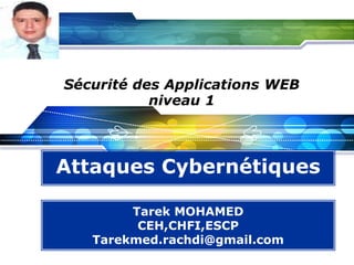 LOGO

Sécurité des Applications WEB
niveau 1

Attaques Cybernétiques
Tarek MOHAMED
CEH,CHFI,ESCP
Tarekmed.rachdi@gmail.com

 