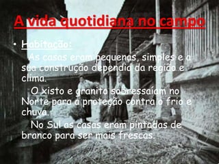 • Habitação:
As casas eram pequenas, simples e a
sua construção dependia da região e
clima.
O xisto e granito sobressaíam no
Norte para a proteção contra o frio e
chuva.
No Sul as casas eram pintadas de
branco para ser mais frescas.
A vida quotidiana no campo
 