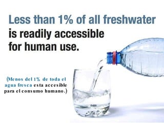 (Menos del 1% de toda el   agua fresca  esta accesible para el consumo humano.)  