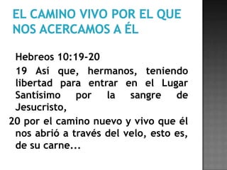 El camino vivo por el que nos acercamos a élHebreos 10:19-20	19 Así que, hermanos, teniendo libertad para entrar en el Lugar Santísimo por la sangre de Jesucristo, 20 por el camino nuevo y vivo que él nos abrió a través del velo, esto es, de su carne...