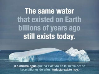 (La misma agua   que ha existido en la Tierra desde   hace billones de años,   todavía existe hoy.) 