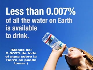 (Menos del
0.007% de toda
el agua sobre la
Tierra se puede
     tomar.)
 