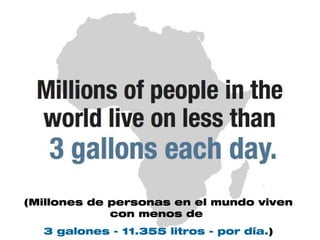 (Millones de personas en el mundo viven
             con menos de
  3 galones - 11.355 litros - por día.)
 