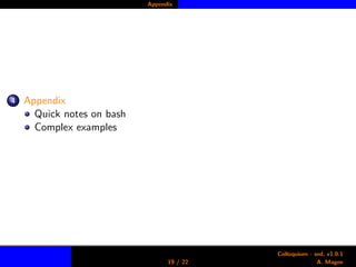 Appendix
4 Appendix
Quick notes on bash
Complex examples
19 / 22
Colloquium - sed, v1.0.1
A. Magee
 