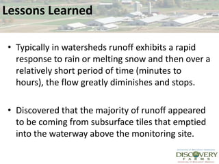 Lessons LearnedTypically in watersheds runoff exhibits a rapid response to rain or melting snow and then over a relatively short period of time (minutes to hours), the flow greatly diminishes and stops. Discovered that the majority of runoff appeared to be coming from subsurface tiles that emptied into the waterway above the monitoring site. 